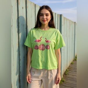 Ladies Green Flamingo Graphic Palm Island T Shirt